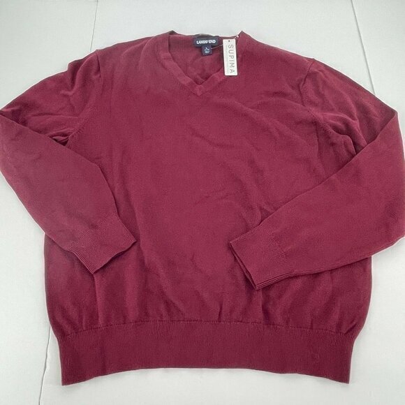 Lands End Sweater Large Mens V Neck Supima Cotton Red Burgundy Knit Casual New - Picture 1 of 12